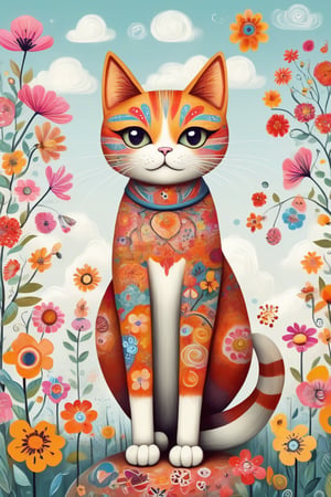 A cute cat with long legs, flowers, clouds, trees, in the style of Edward Tingatinga, in a whimsical folk art style with vivid colors, white background, Xxmix_Catecat,cat,DonMM4g1cXL