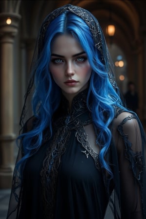 A Byzantine gothic style girl in monastery, black head-cloths and veils. bright blue hair(masterpiece, top quality, best quality, official art, beautiful and aesthetic:1.2), (1girl:1.4), portrait, extreme detailed, highest detailed, simple background, 16k, high resolution, perfect dynamic composition, bokeh, (sharp focus:1.2), super wide angle, high angle, high color contrast, medium shot, depth of field, blurry background