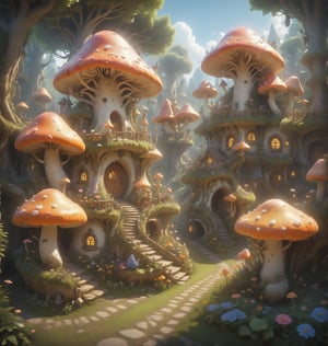 From a low aerial view, a quaint fantasy mushroom village nestles in the heart of a magical forest, surrounded by blooming flower gardens and lush vegetable patches, all contributing to the village's vibrant and joyful ambiance.