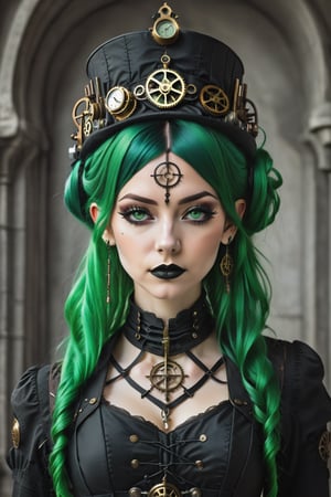 create me an ornate steampunk gothic mix, green hair