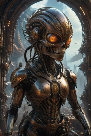 A steampunk cyborg alien, surrounded by controls, monitors, and seats inside its ship,steampunk,more detail XL