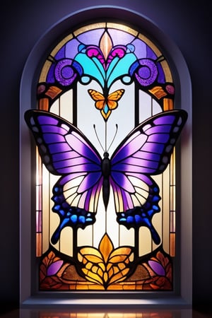 A bright purple butterfly, with intricate and vibrant patterns on its wings, is showcased against the backdrop of a leadlight window. The stained glass window features a mosaic of colors and designs, and the sunlight streaming through illuminates the butterfly, casting a radiant and enchanting glow throughout the scene.,glass shiny style