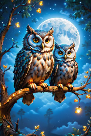 create 3owl sitting on a branch of a tree in the moonlight