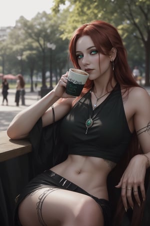 a stunning vision of beauty, a boho female, long red hair,  green eyes,  jewels, sitting having coffee at the park, she is wearing short demin shots and a black top crop