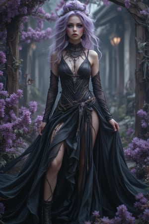 1 girl,  boho/goth girl, with  smokey goth makeup ,lilac hair in a bun, tendrils hang down , long single strap black dress, black snadls, jewels,