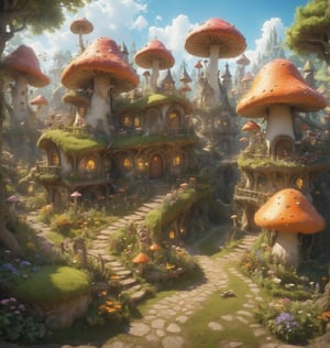 From a low aerial view, a quaint fantasy mushroom village nestles in the heart of a magical forest, surrounded by blooming flower gardens and lush vegetable patches, all contributing to the village's vibrant and joyful ambiance.