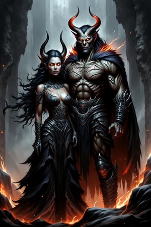 Create a high-definition, sharp portrait of a powerful demon queen and demon king standing together in a dark, ominous throne room. The demon queen has dark, flowing, wild hair with streaks of crimson, her eyes glowing with an otherworldly fire. Her sharp, alluring features are enhanced by graceful horns extending from her forehead. She wears tattered, regal garments that flow like dark, enchanted silk, with her skin glistening with a subtle metallic sheen, marked with intricate dark symbols. Beside her stands the demon king, a towering figure with muscular, imposing features. His horns are large and jagged, his eyes burning with a deep inferno, and his skin is a blend of dark shades with glowing cracks of magma. He wears battle-worn armor that exudes power and dominance, draped in a heavy, shadowy cloak. His long, wild hair flows like black smoke, streaked with fiery orange. Both are surrounded by a shroud of ethereal mist, while the background glows with molten lava and flickering shadows. Their presence is commanding and menacing, exuding elegance, strength, and supernatural power