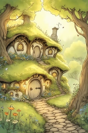 A whimsical scene unfolds as the camera captures the serene atmosphere of an enchanted forest. Amidst the lush green foliage and sunlit trees, a charming hobbit-style dwelling nestles cozily into the nook of a massive tree trunk. Smoke lazily billows from the chimney, carrying the scent of warmth and comfort. Steps lead up to the round door, inviting viewers to enter this mystical realm, whimscial, bugs, fairys, 50 degree wide angle, movie still,