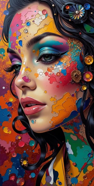 portrait of the face of a young woman, oil painting, cubist style, colorful abstract background, mixed technique, hyperrealistic touch of color, very detailed, colorful and abstract, pictorial work of art, a lot of dynamics in the details, extremely detailed