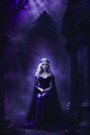 A hauntingly beautiful woman vampire upon her throne, shrouded in thick purple-hued fog that morphs into an eerie aura. Her pale skin and white very long hair contrast against the dark dress with filigree.  Her closed hands cradle her curvy figure. The dramatic lighting creates stark catchlights and shadows, highlighting her haunting beauty amidst a desolate cemetery backdrop bathed in purple hues.