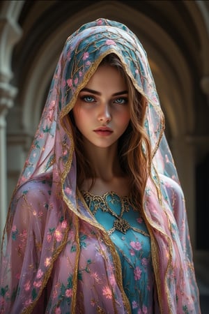 A Byzantine gothic style girl in monastery, pastel head-cloths and veils. (masterpiece, top quality, best quality, official art, beautiful and aesthetic:1.2), (1girl:1.4), portrait, extreme detailed, highest detailed, simple background, 16k, high resolution, perfect dynamic composition, bokeh, (sharp focus:1.2), super wide angle, high angle, high color contrast, medium shot, depth of field, blurry background