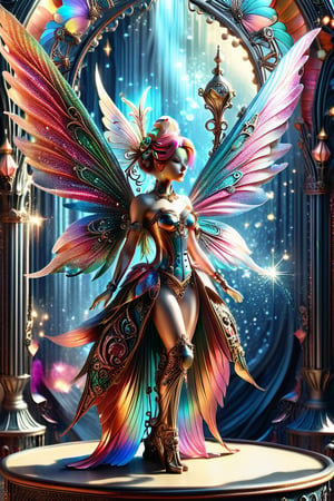 A creation fairy, infused with steampunk elements, stands before an ornate backdrop. ,HZ Steampunk,fairytale,DonMBl00mingF41ryXL ,DonMF41ryW1ng5XL,glitter