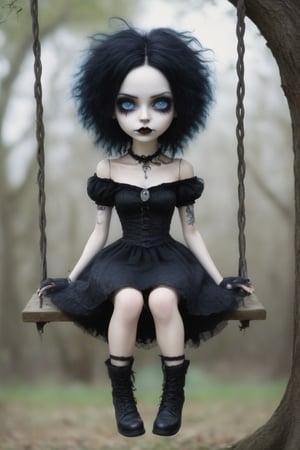 image of a women sitting on an old swing, the swing is hanging of a thick tree branch  she has bright blue eyes, she has black wavy shoulder length hair, she has light gothic make up, she has earrings and a nose ring, she is perfect and beautiful, she has a cheeky smirk,goth girl,goth person,more detail XL