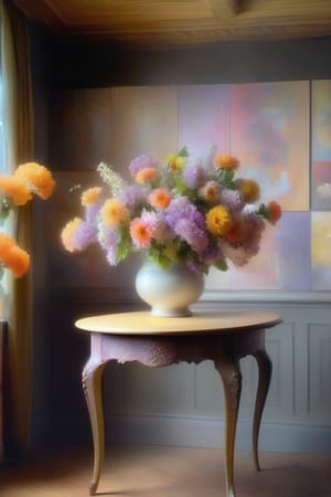 On an ornate, old-fashioned wooden table sits a vase brimming with yellow, orange, lilac, cream, white, and pink flowers. On the walls behind, paintings are displayed.,DonM1r0nF1l1ng5XL,Flora