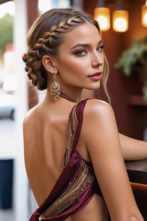 a stunning lady standing at th entrance of a bar, her shoulder lenght hair is braided and draped over one shoulder,  she is pure beauty, adorned is beautiful jewels, 