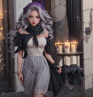 Create a high-definition image of a lady of beauty and grace walking into a restaurant for a dinner date. She wears a long, slim black strapless dress and purple high heels. Her wavy, medium-length greyish hair sits perfectly on her head, and she has a silk purple scarf around her shoulders. Her makeup is done perfectly, and she wears lovely jewels. 