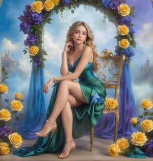 Create a scene of beauty featuring a lady of perfect elegance sitting slightly sideways on a stool with her legs crossed. She wears a green silk dress with yellow accents, and her golden wavy hair flows down her back. She has a slight smile. The background consists of trellises laden with blue and purple roses and other stunning flowers, with no red flowers in sight. She is adorned with stunning silver jewelry, embodying the image of a proper lady,Flora,PIXAR