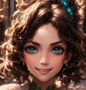 Create a high-definition, extreme close-up of a female's face. She has shoulder-length, yellow wavy hair and eyes of the clearest emerald green. Her light rose lips and perfect face should be emphasized. She is sitting slightly sideways with her head tilted slightly, displaying a sweet, shy smile. Her eyes should sparkle like gems in the sunshine