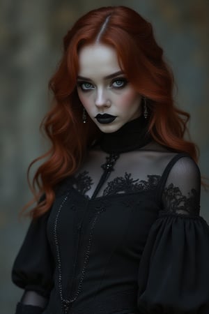 Depict a gothic female in minimalist fashion. She should wear traditional gothic clothing with classic makeup that enhances her beauty. Ensure the background is understated, allowing her to be the focal point of the artwork, radiating elegance and mystery, crimson hair.,FluxGothicRealnime