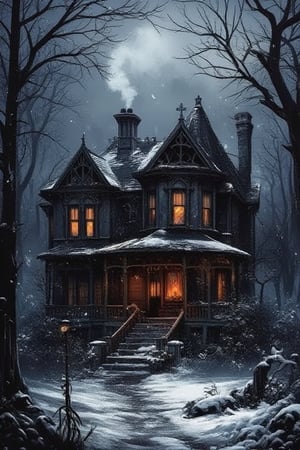 in the depths of the forest stands  a haunted cottage , smoke comes out of the chimney as a fire keeps the inside warm in the winter weather, snow gently falls on the ground, an errie forest sits behind the cottage