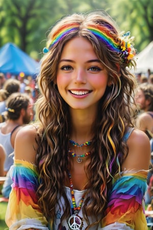 create a  rainbow peace loving happy hippy chick at a concert in the park