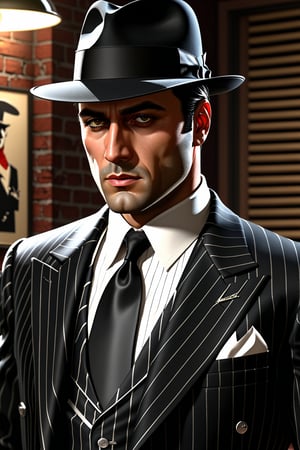 the scene is a mobster, in his pin striped suit and black hat . High quality, high resoltion.