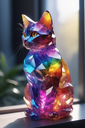 A crystal cat, sitting on a window sill , catches the sunlight, revealing a spectrum of bright colors from every angle.,,glass shiny style,