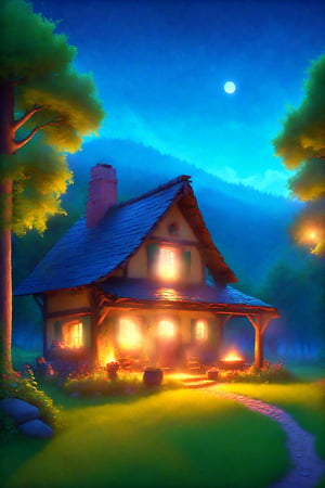 A tranquil, serene scene unfolds with a small country cottage nestled in the forest. Evening descends, stars and moonlight filter through the forest canopy, while smoke wisps from the fireplace through the cottage's chimney. Firewood is neatly stacked, the vegetable gardens are flourishing, and the apple trees are laden with fruit.,Looking at the sky,BugCraft