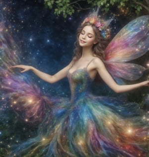 please create a fairy princess, in a garden, with trees and flowers all around, she is happy and carefree,fairytale,DonMF41ryW1ng5XL,Masterpiece