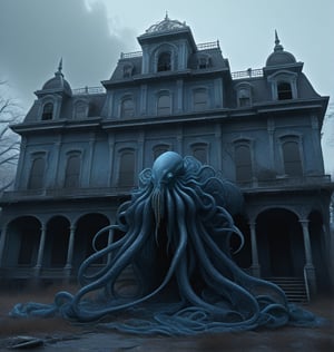 hyper-detailed,  photorealistic, ultra photoreal, cinematic shading Lovecraftian monster with tentacles standing in an abandoned, old, deteriorating large mansion with lots of spiderwebs, scary atmosphere, gloomy, blue tinted 
,zavy-hrglw