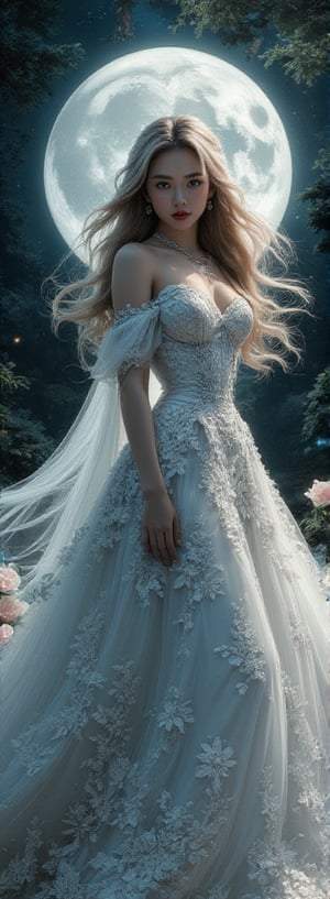 Wearing a gorgeous embroidered wedding dress, flowing like the wind. Her hair moves gently in th wind. A single rose she holds in her hand. Fantasy forest background with moonlight shine. The ink splatter effect creates a mysterious atmosphere, with ink droplets forming flower petals. 