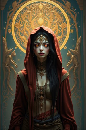 Create an alien female gypsy with an ornate background