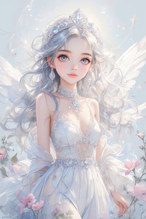 Masterpiece, Professional, Top Quality, High Resolution, High Detail, Perfect Detail,1 cute angel, super cute and beautiful, radiant, all white angel outfit, silver long hair, dancing hair tips, angel wings, angel crown, crystal headwear, crystal necklace, earrings, 8k wallpaper, (masterpiece), (best quality), (ultra fine), dynamic angle, cute anime face and details, (loli, flowers), sparkling, representative (worldwide), super long hair, aperture, oil painting style, touch,