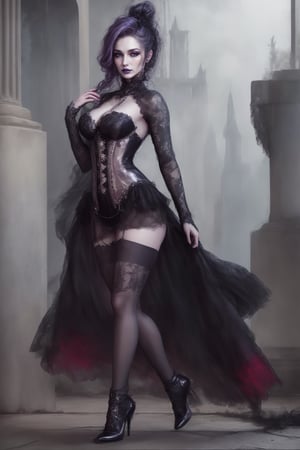 create an image of a sexy lady wearing a figure hugging sexy dress, gothic makeup,highheels,corset dress