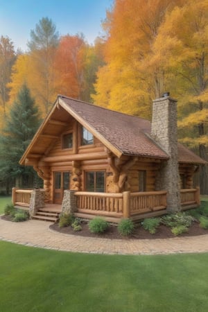 please create a a round log cabin, there is a vernanda all around it, it a scene of beauty and tranquility, dogs run around the front yard, trees and shrubs adorn the lawn as well as a pebble walkway and trees align it, Nature,zhibi