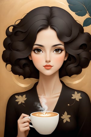 create a scene at a coffee shop, beautiful, she is looking up, slight smile on her lips, her heair is black high defintion, highly detailed, serene, hayv kahraman inspired art