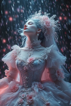 (Fractal Art: 1.3), (Colorful Colors), White Elegance, A morbid beauty in a Gothic Lolita costume,  looking up at the rainy sky with a melancholy expression,