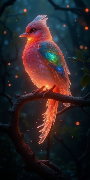 masterpiece, high quality, cinematic lighting, vibrant color, perched on a tree branch, , (colorful-glass carving sparrow) colorful-glass wing,XL,glitter,gbaywing,colorful