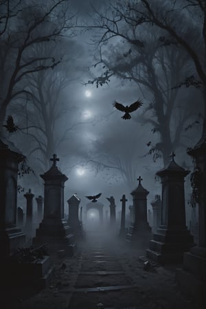 A haunted cemetery, late at night, enveloped in mist, with dark shadows lurking, crows perched in the somber trees, and ghosts present all around.