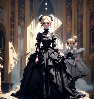 Create a full-body shot of a Gothic lady from the Victorian era. She stands with her pure blonde hair styled in a typical Victorian bun. She wears a traditional yet stunning Victorian-era bodice dress made of red lace over black satin.  The image should be high definition and high quality, pastelbg, ,gothic girl
