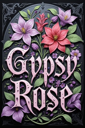 in raindow lettering the text (in gothic style font)) 'Gypsy Rose' behind is purple lilcas flowers everywhere