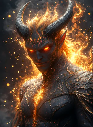  a devil  orns on his front made of gold and fire, glowing light particles and sparkles in the style of glitter and diamond dust, hyper-realistic fire, fairycore, hkmagic, masterpiece, best quality, highly detailed, sharp focus, dynamic lighting,cip4rf,hkevil