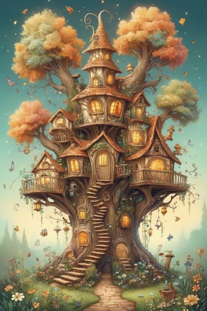 create an image of a big tall busy whimsical treehouse, there are windows and doors, a winding staircase windfs up the side of the tree, there are little flower gardens around and grass ,glitter