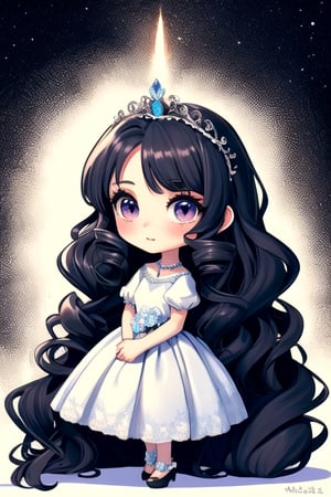 cute big eyes girl, long curly hair, wearing a flowergirl dress, flower tiara in her hair,light,chibi