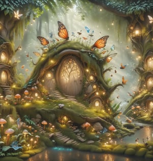 Create an enchanted beautiful scene, there are fairires and beautiful bugs everywhere ,hyper real extra effect add , fairytale,Fairy