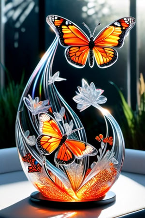 A beautiful monarch butterfly, sitting on a swan plant, with its colours og orange and black colors  gleaming through from the sun rays.,glass art,more detail XL,BugCraft,DonMSp3ctr4lXL,DonM1r0nF1l1ng5XL