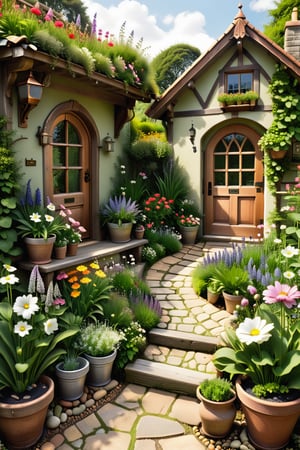 create me an old ornate country style  cottage garden, there are old wooden benches with plant pots on them, old antique copper and stainless stll flower pots full of flowers array the pathway, there is a winding dirt path with pebbles as edging, its avery serene peaceful place,  hayv kahramman sytle