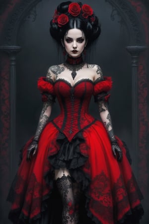 A gothic woman, clad in a vivid red lace dress that falls shortly above the knees, her black hair styled up into a bun, adorned with filigree and floral tattoos on her legs and arms.,goth person