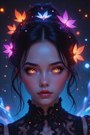 create e a stunningly beautiful witch,glowing,bright,luminous skin,glowing brightly,warm light,radiant,soft,glowing skin and vibrant, luminous features,glowing visual effects,glowing particles,neon