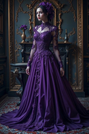 gothic, billowing gown, lace , everthing is purple--style raw, zaya, hayv kahraman style